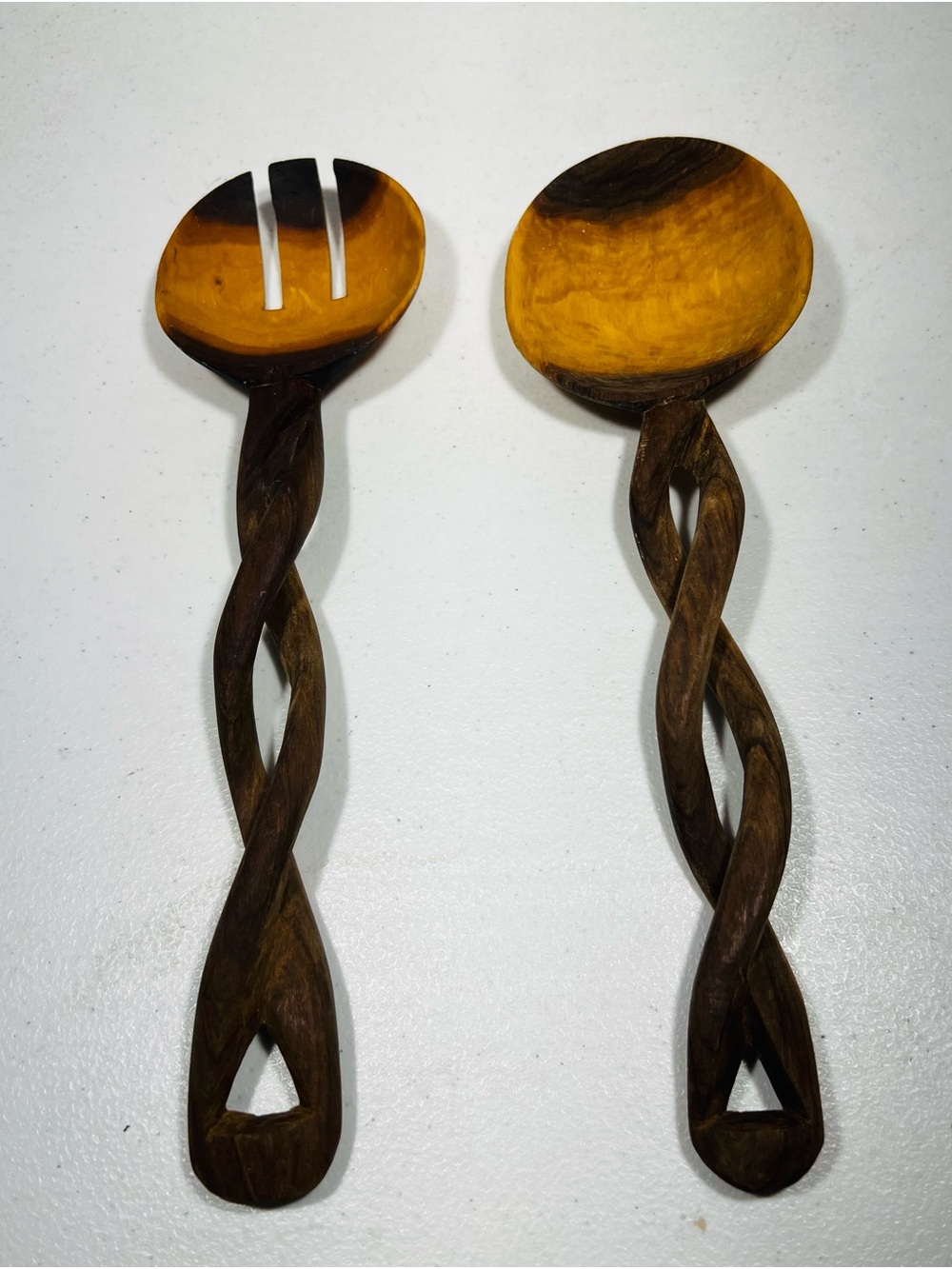 Carved Wood Salad Servers 12” Twisted Handle Spoon Fork Pair Boho